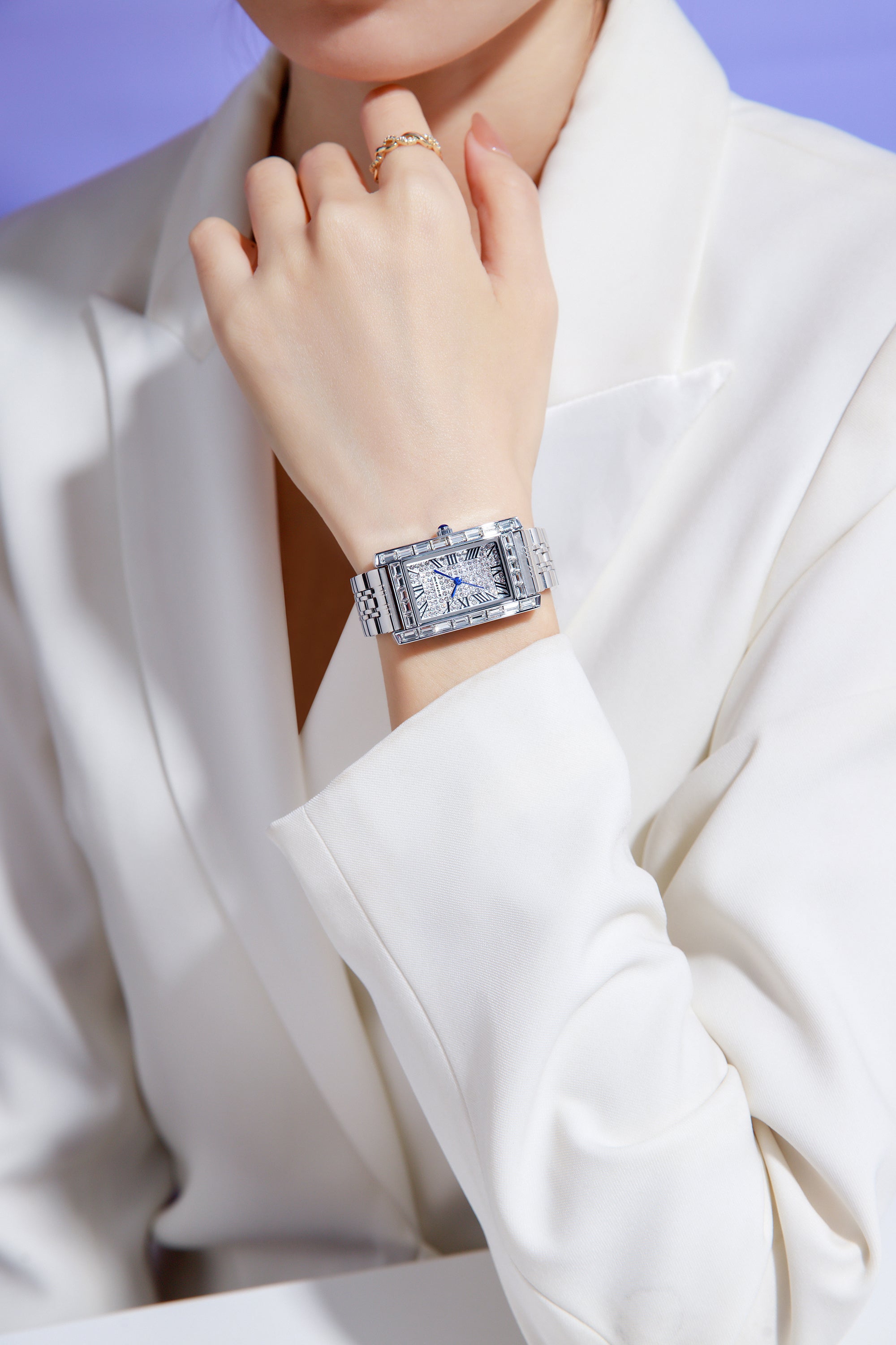 Giordano Rectangular Dress Watch for women with Crystal Bezel, roman indiced and Sparkling Dial | GZ-60119-11